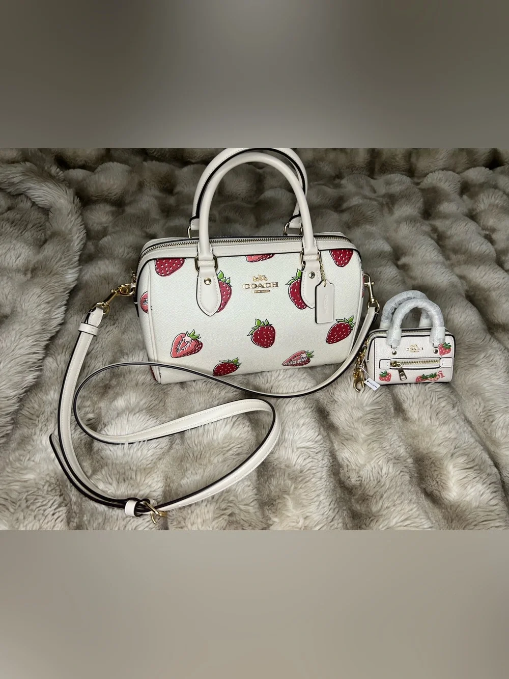 Coach Rowan Med & Micro White Strawberry Print Satchel Set ($653 total for set)